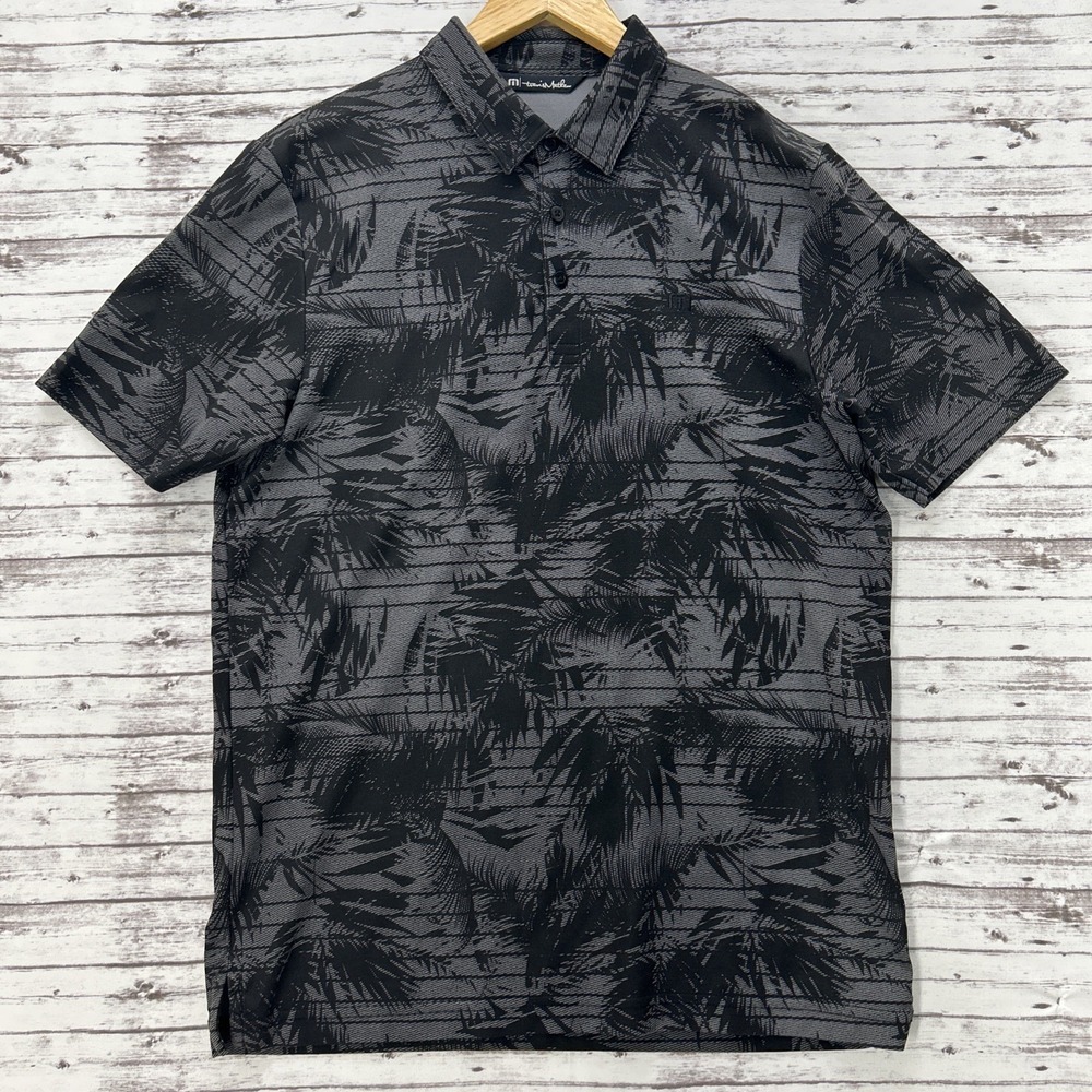 Travis Mathew Men's M Polo Shirt Palm Leaf Tropical Print Grey Black Pima Blend